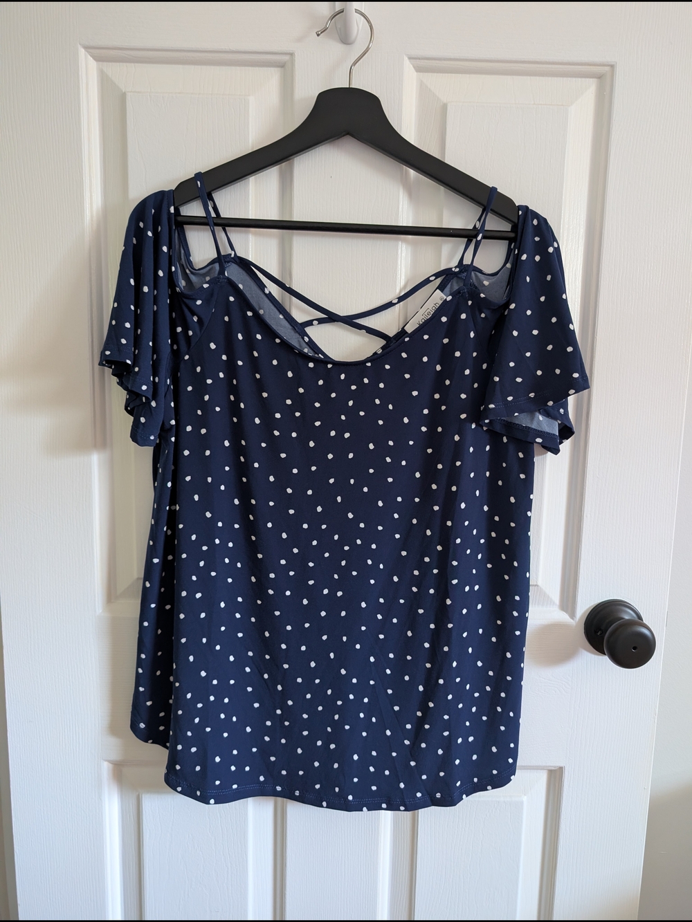 Kaileigh Women's Navy Polka Dot Cold-Shoulder Women's Top Size XL